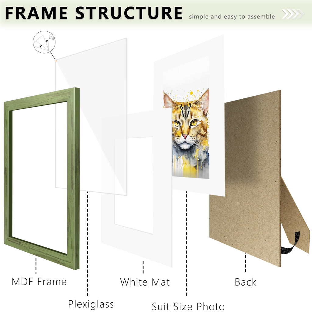 8.5x11 Picture Frame Set of 12, Gallery Wall Frames, Green Wood