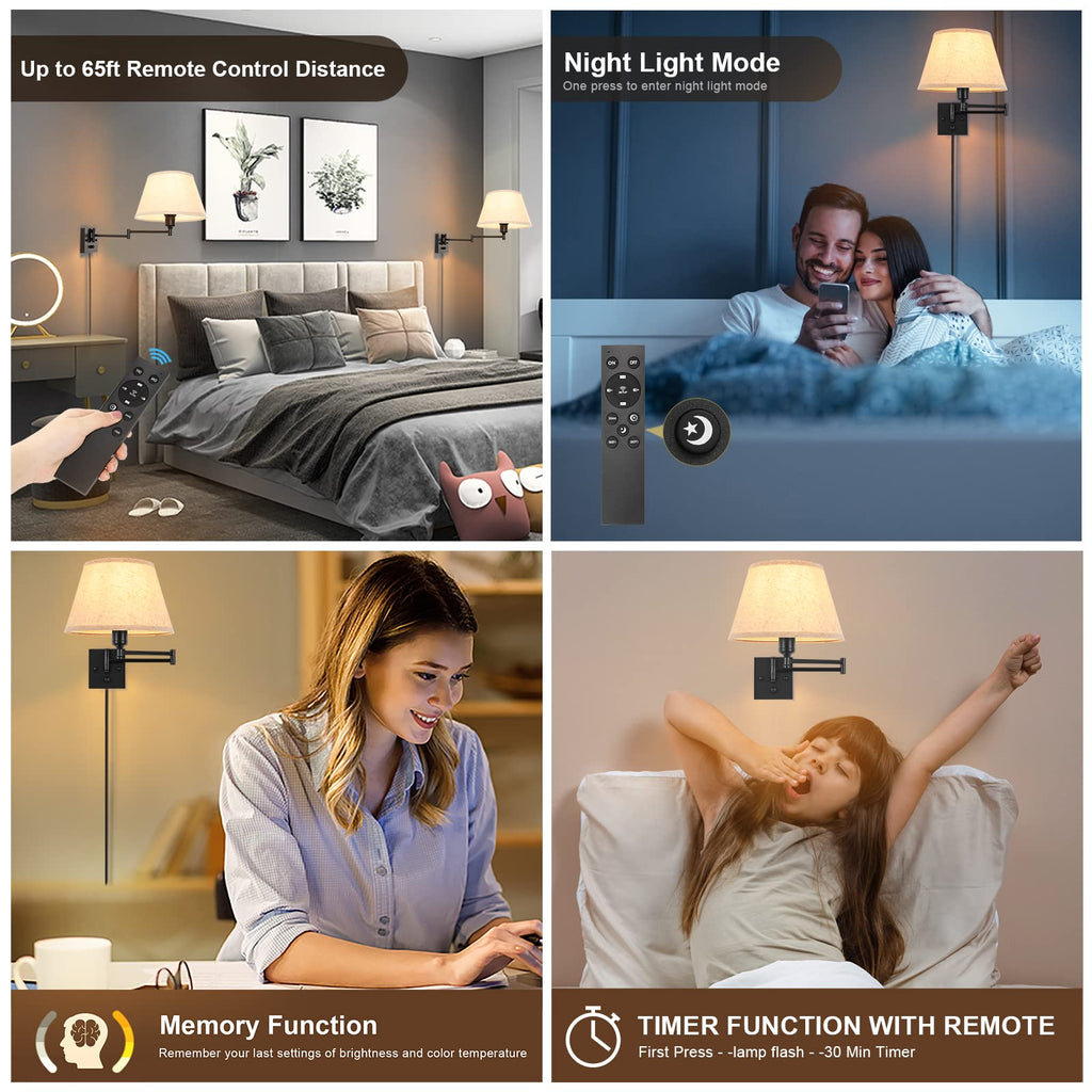 Wall Sconce Plug in, Remote Control Dimming 10-100% and Adjustable Color Temperature 2700K-6500K Swing Arm Wall