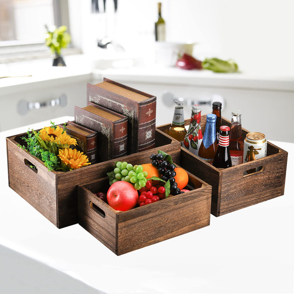 Set of 3 Wood Nesting Storage Crates with Handles, Decorative Farmhouse Wooden Crates Storage Containers Rustic