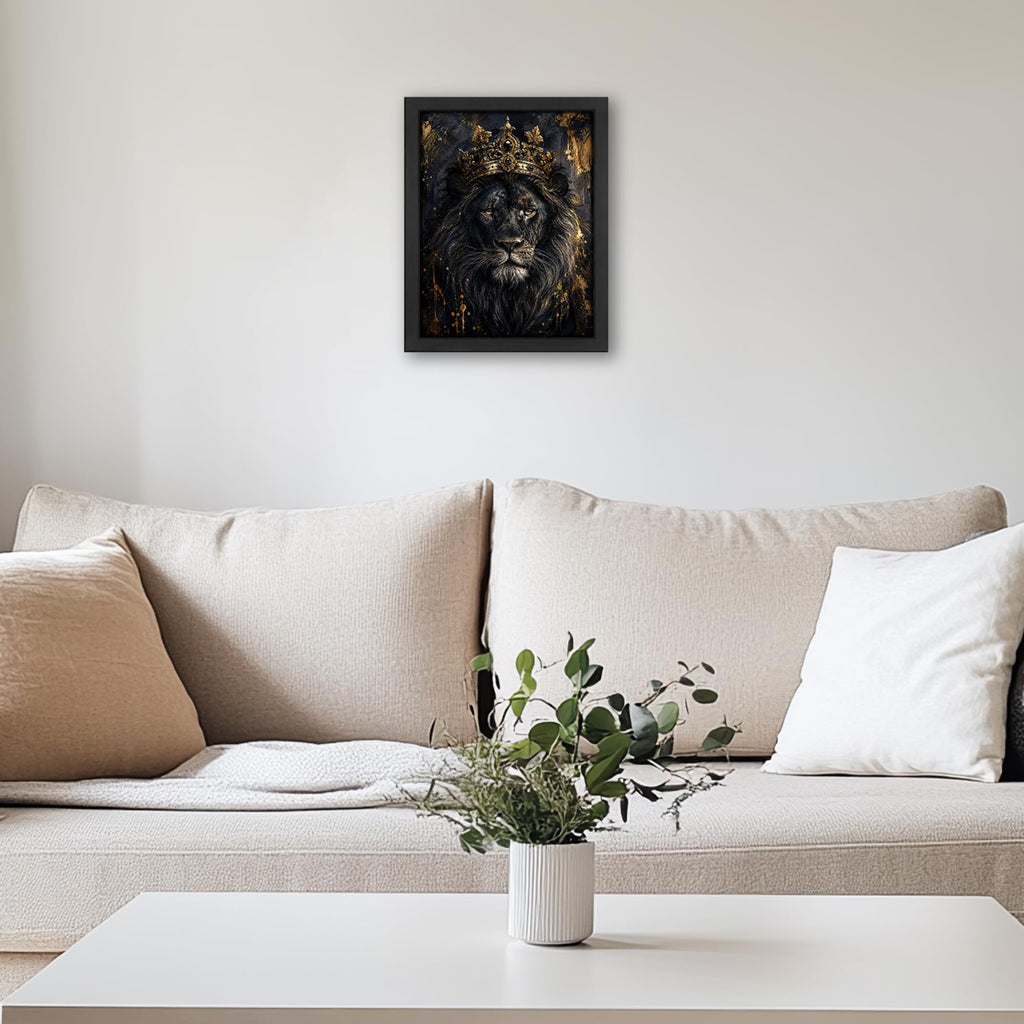 Crowned Lion Decor Wall Art, Black and Gold Animal Picture 16"x20"