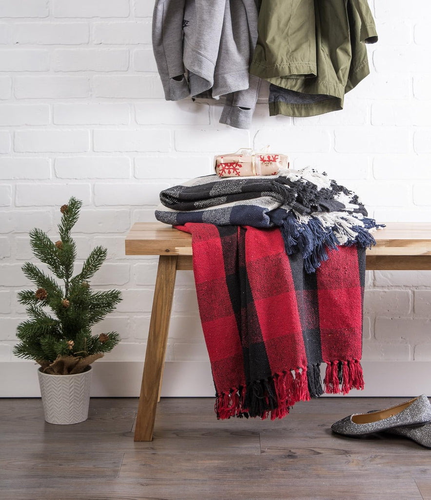 Buffalo Check Collection Rustic Farmhouse Throw Blanket with Tassles, 50x60, Tango Red/Black