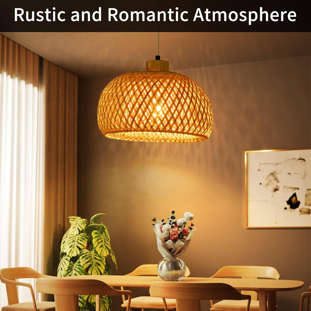11.8inch Beige Bamboo Pendant Light, Wicker Rattan Boho Chandelier