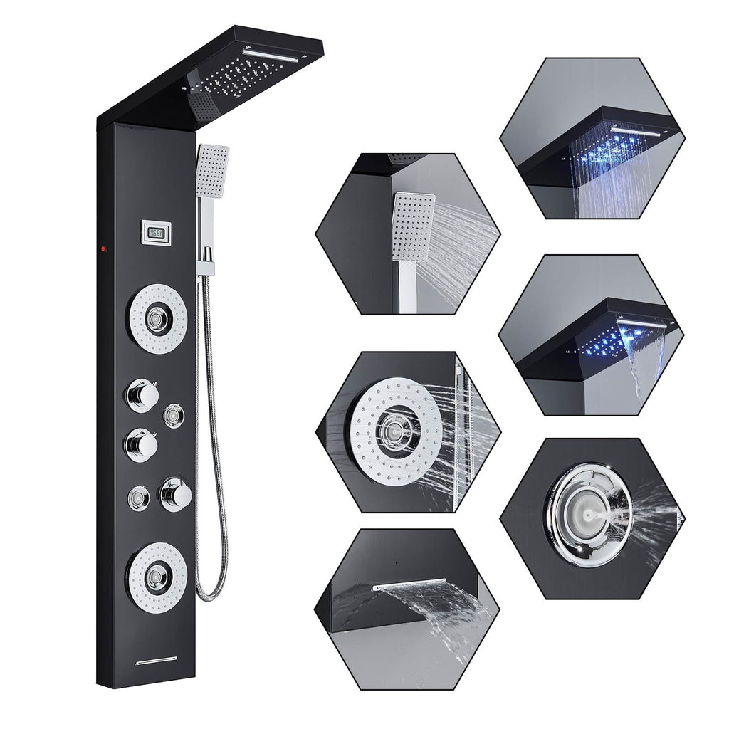 AlenArt Shower Panel Tower System Rainfall Waterfall Shower Head with Body Jets Stainless Steel Rain Massage System