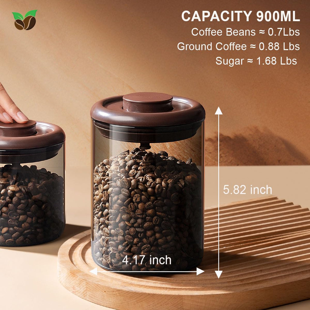 Glass Coffee Canister 900ml x 2 Jar, Airtight Food Storage Container with Pop Lid, Kitchen High Borosilicate Glass
