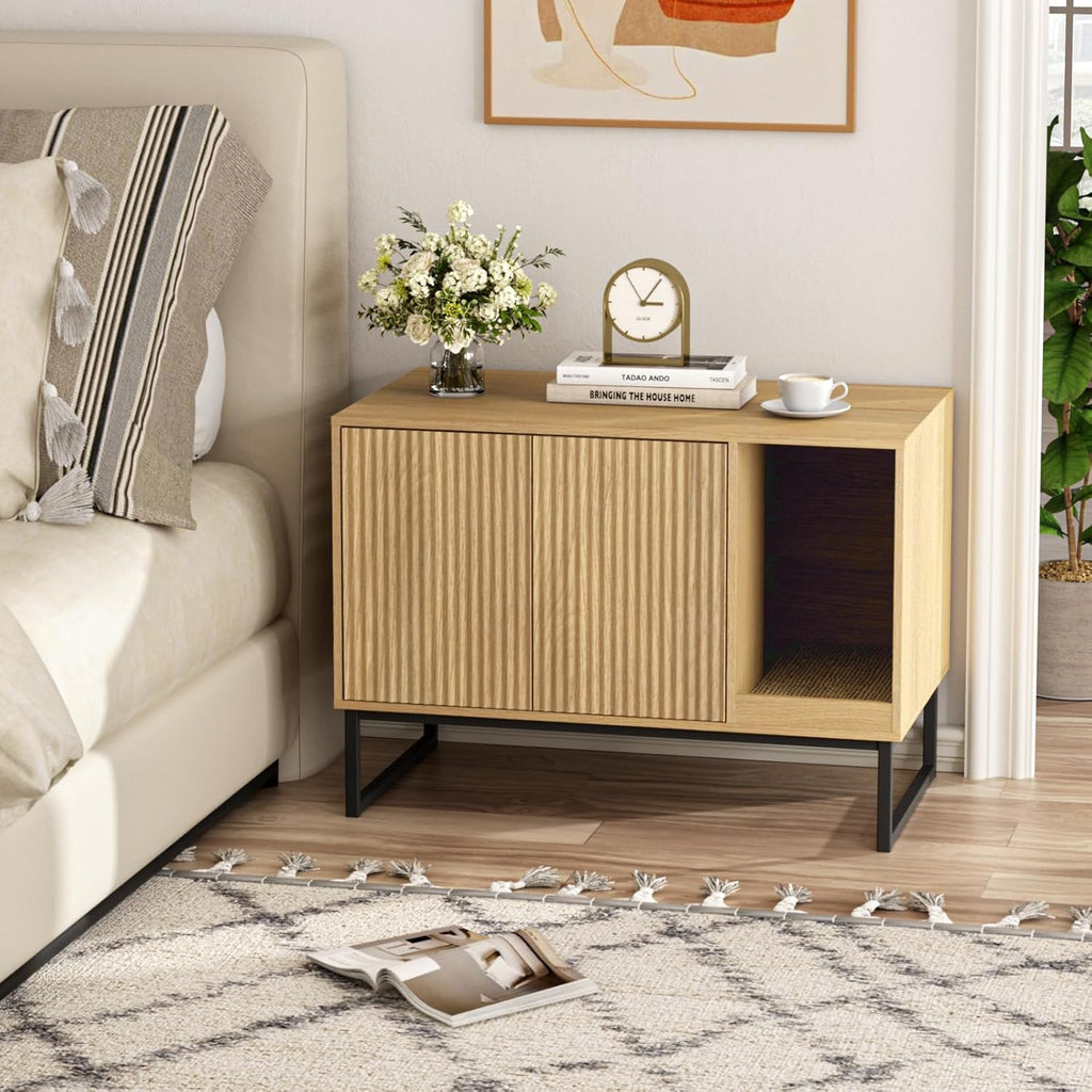 Cat Litter Box Enclosure, Fluted Hidden Litter Box Furniture with Scratch Pad and Metal Legs, Modern Enclosed Cat