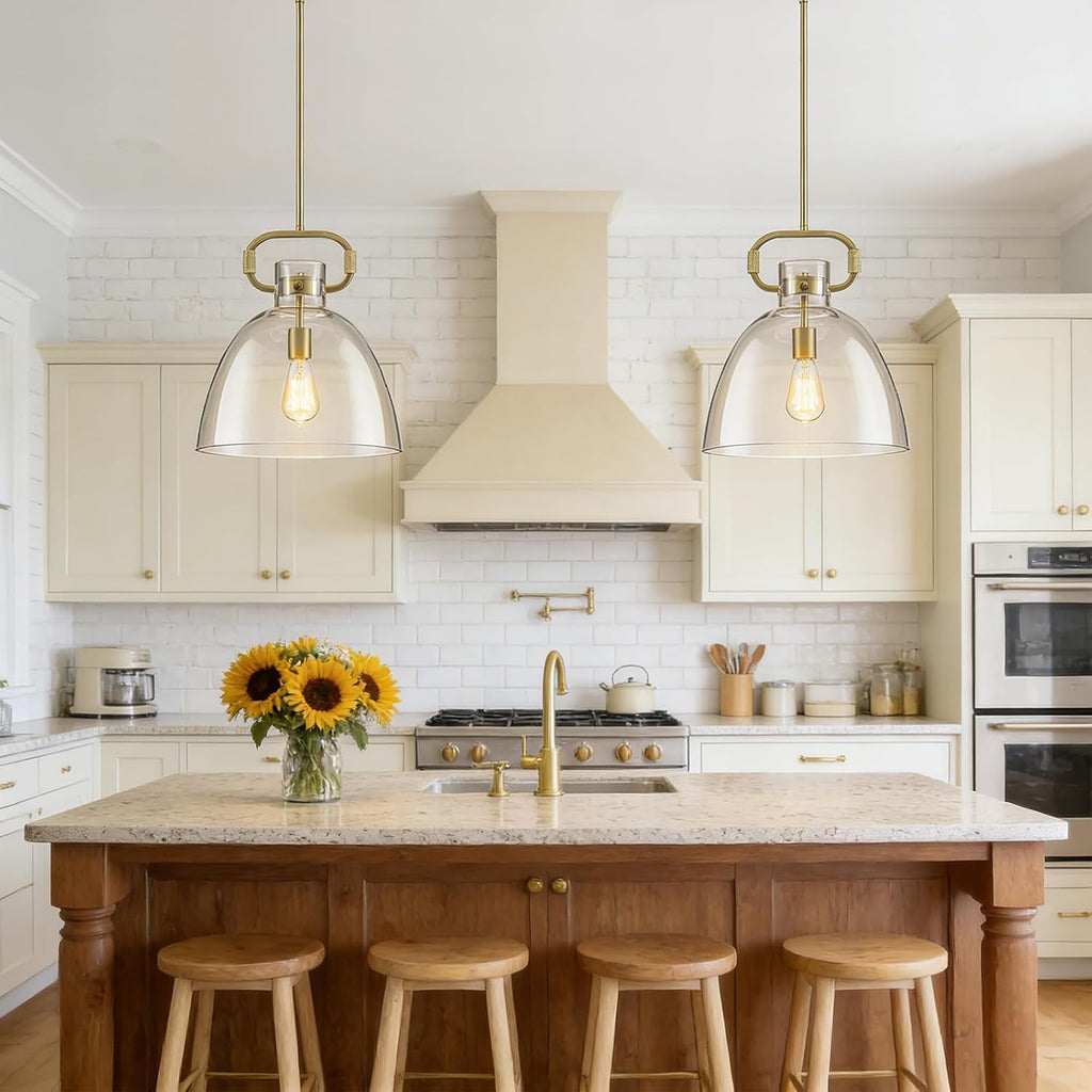 14'' Large Glass Pendant Lights Kitchen Island, 1-Light Modern Gold Kitchen Island Lighting, Adjustable Antique Brass