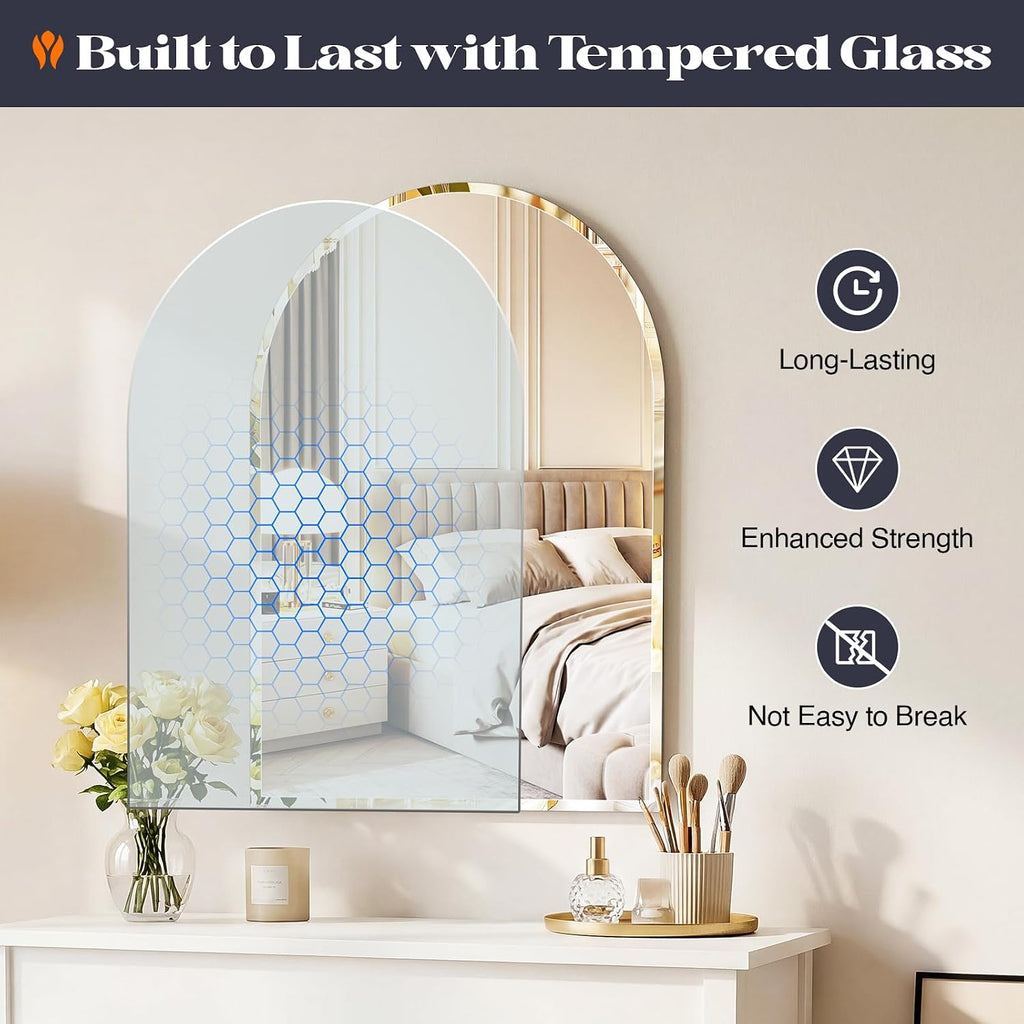 Frameless Bathroom Mirror, 22" x 30" Arched Vanity Mirror for Wall Beveled, Arch Wall Mounted Mirrors, Over Sink