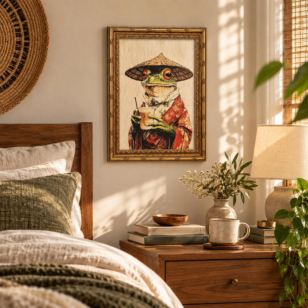 Vintage Gold Framed Funny Japanese‐Style Ukiyo‐e Frog Canvas Wall Art