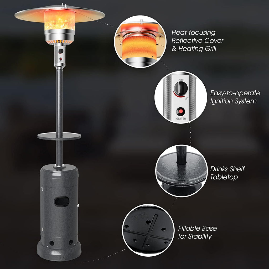 BTU Outdoor Patio Heater, Portable Propane Heater w/Drink Shelf Tabletop, Wheels, Base Reservoir, 87-inch Tall