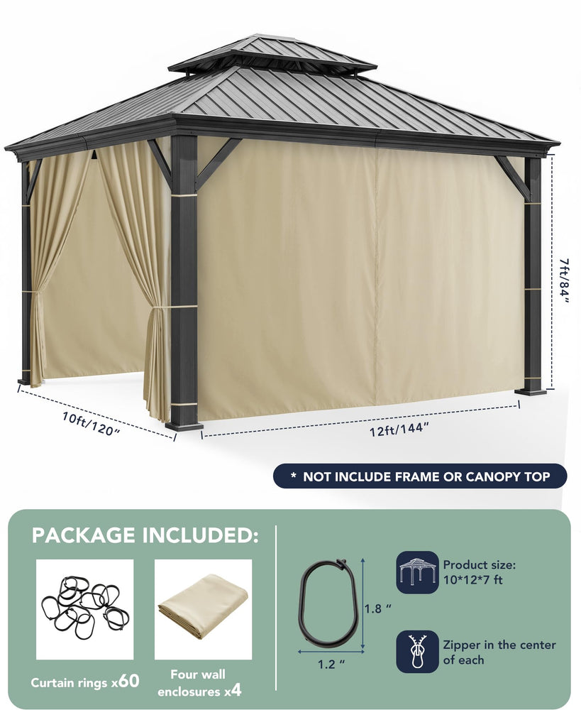 Patio Curtains Outdoor Waterproof with Zipper, 4-Panel, Cream