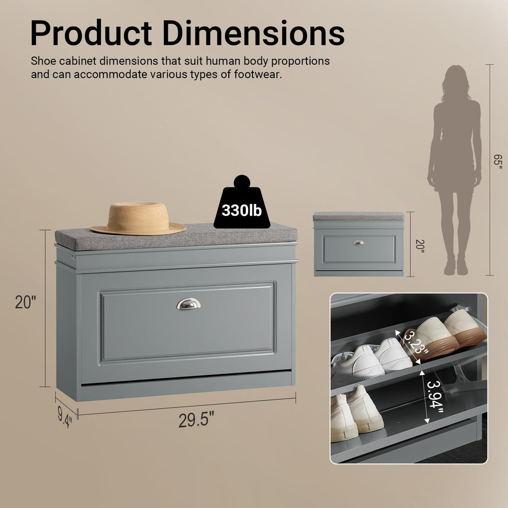 Shoe Storage Bench with Cushion, Grey Narrow Shoe Rack, Small Shoe Cabinet with Flip-Drawer, Closet Hallway Mudroom