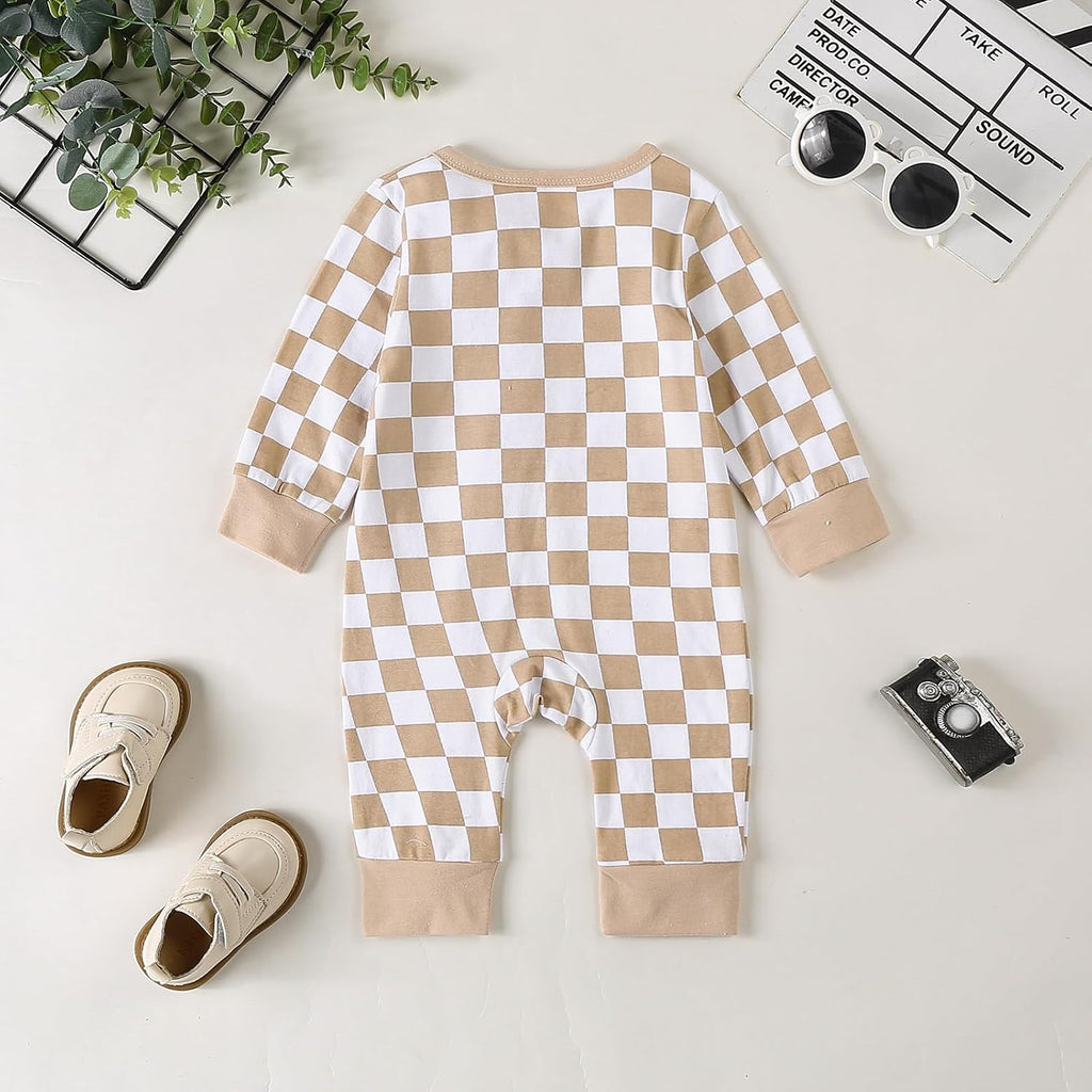 Newborn Baby Boy Girl Clothes Checkered Long Sleeve Zipper Romper Jumpsuit One Piece Bodysuit Fall Winter Outfit
