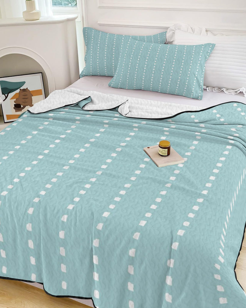 Ticking Quilt Set 3 Pieces Quilted Bedspread- Soft, Light Airy Mint Blue Lightweight Quilt with 2 Pillow
