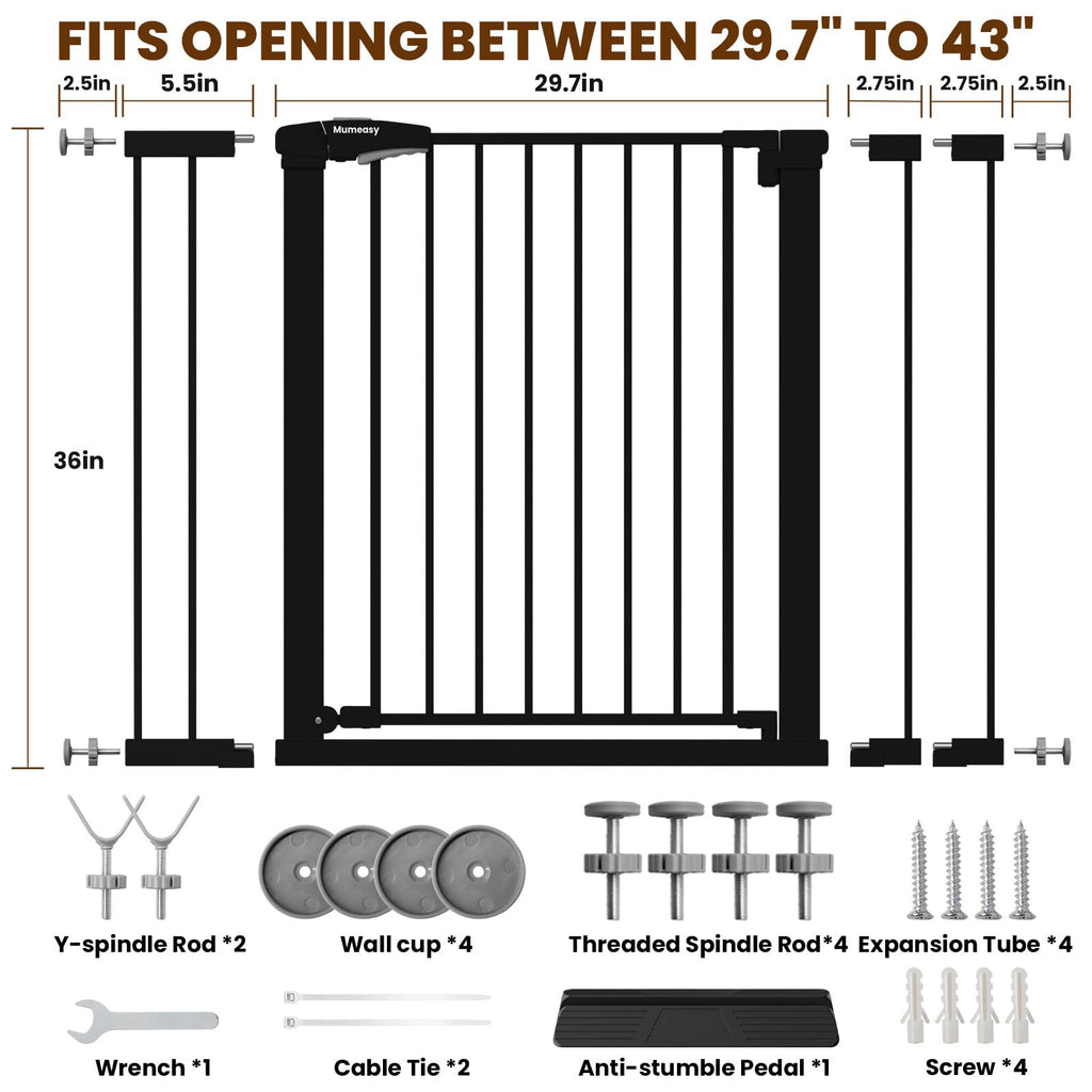 36" Extra Tall Baby Gate for Stairs, 29.7-43" Auto Close Dog Gate