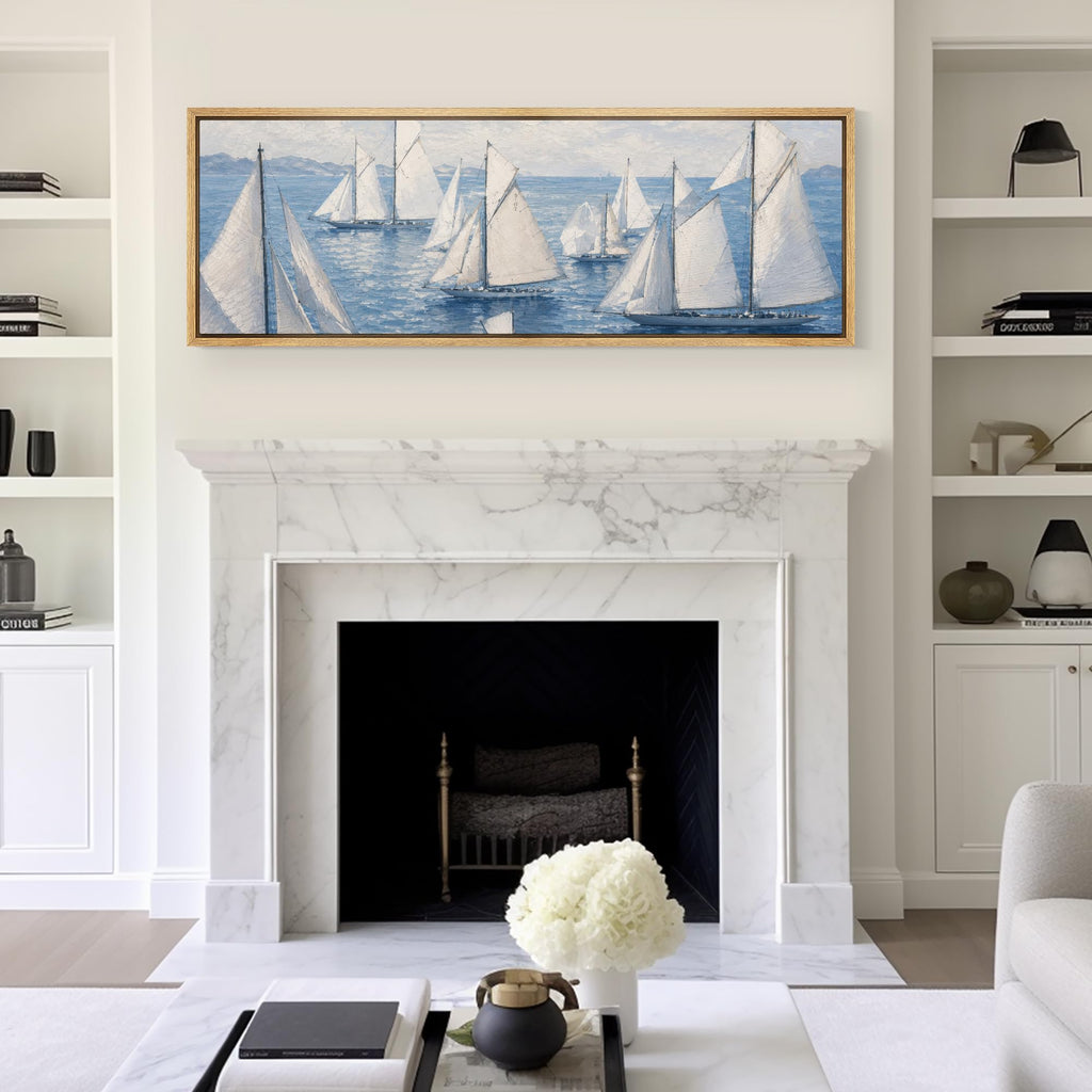 Large Framed Canvas Print Wall Art Vintage Sailboat Regatta Nautical Antique Retro Fine Art Illustrations Decorative
