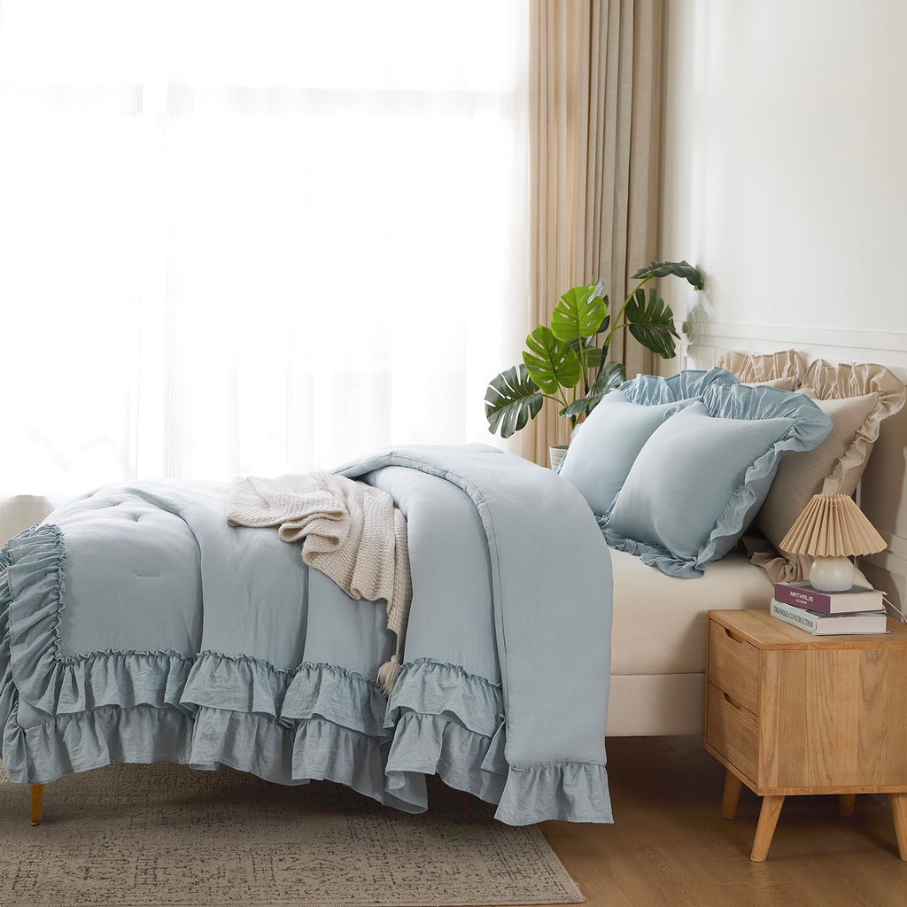 Double Ruffle Blue Comforter Farmhouse Bedding