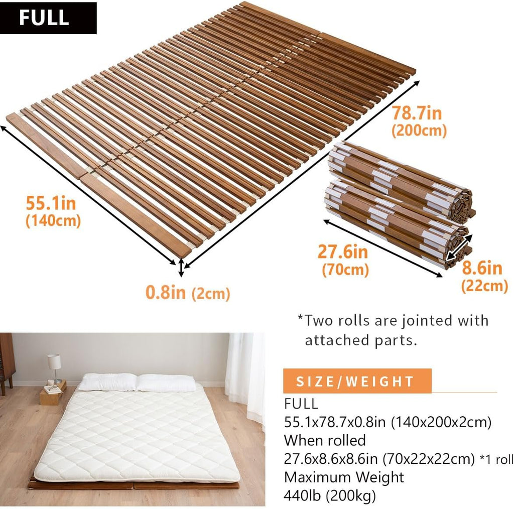 Wood Roll-Type Slatted Bed for Japanese Futon Mattress (Brown), Breathable Floor Sleep Tatami Mat