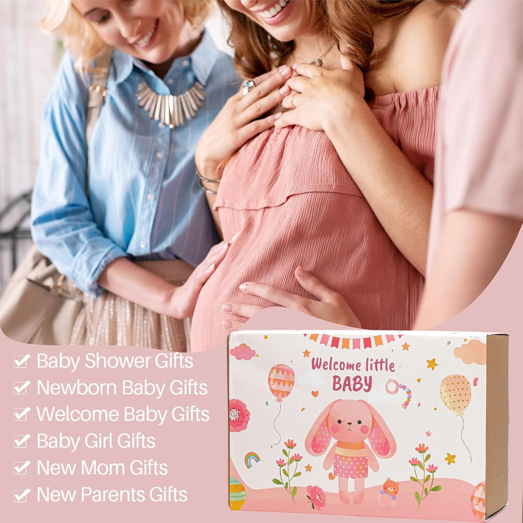 Baby Girl Gifts Basket - Newborn Baby Girl Essentials Set with Dress Pink Bunny Comfort Toy,Pacifier Clip,Baby