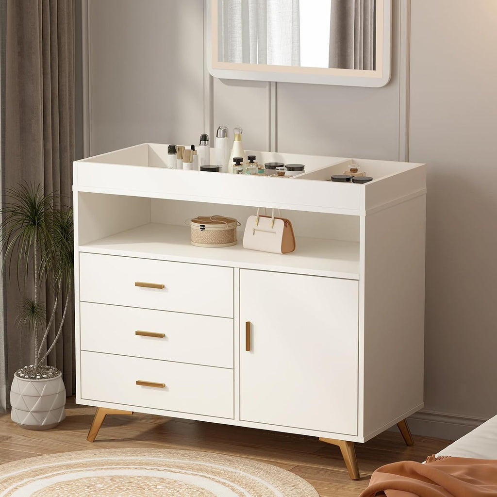 Baby Changing Table Dresser with Table Top, 3 Drawers & Open Shelf | Wooden Diaper Changing Station with Safety Rails