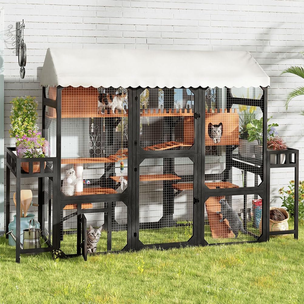 Large Outdoor Cat Enclosure Catio with Platforms & Bridges, 107" Wooden Cat House with Waterproof Roof, Walk-in Cat