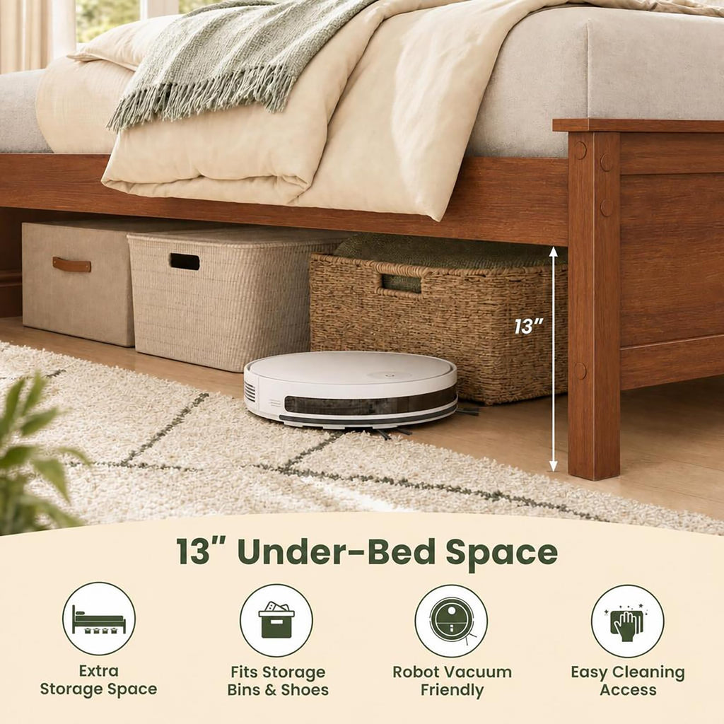 King Size Bed Frame with Headboard, Wood Platform Bed (Walnut)