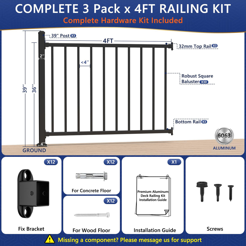 36 in. H x 12 ft. W Modular Aluminum Deck Railing Kits with Post
