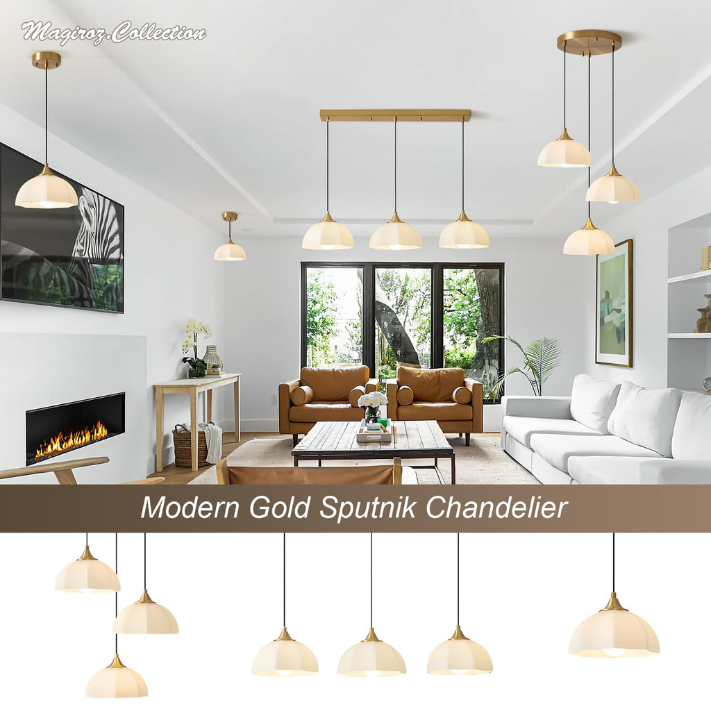 Modern 3 Light Pendant Lighting Gold Linear Dining Room Light Fixture Milk Glass Linear Chandelier Brass and White