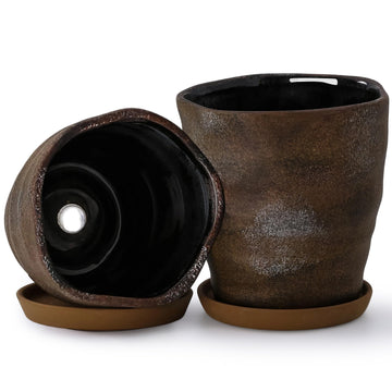 6 Inch Ceramic Planter Set of 2 with Drainage Hole and Saucer for Plants, Indoor-Outdoor Large Irregular Succulent