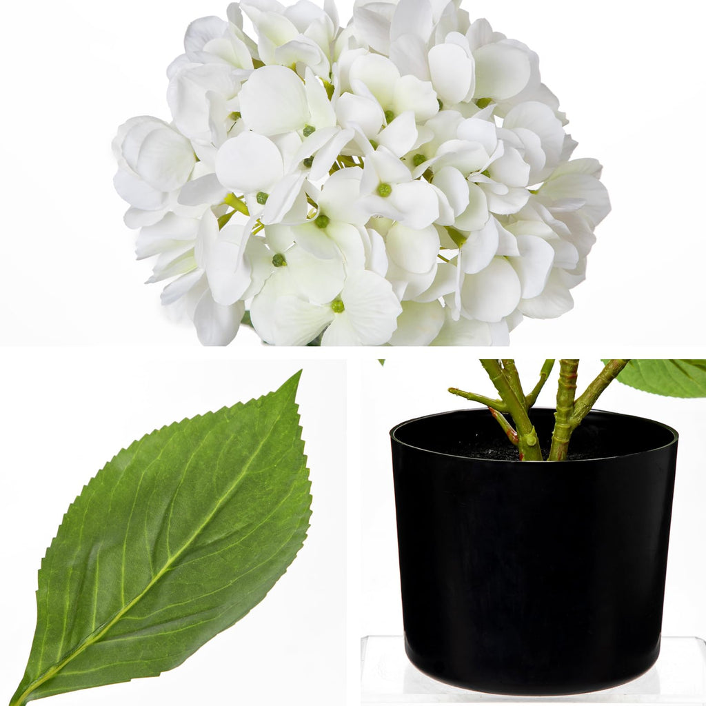 White Hydrangea Artificial Flowers in Pots 19.7" Four-Head Faux Silk Hydranges Flower Arrangements for Indoor Home
