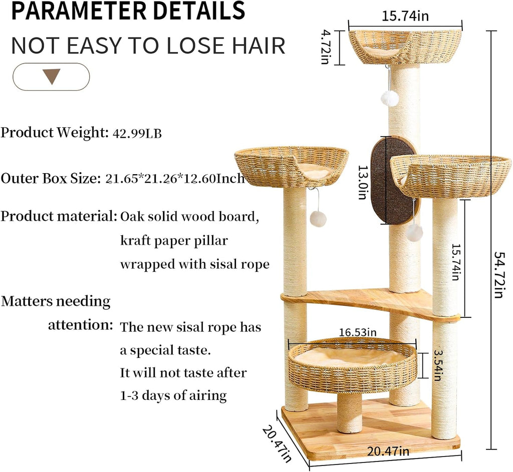 55-Inch Cat Tree for Large Indoor Cats with 4 Handwoven Basket Beds