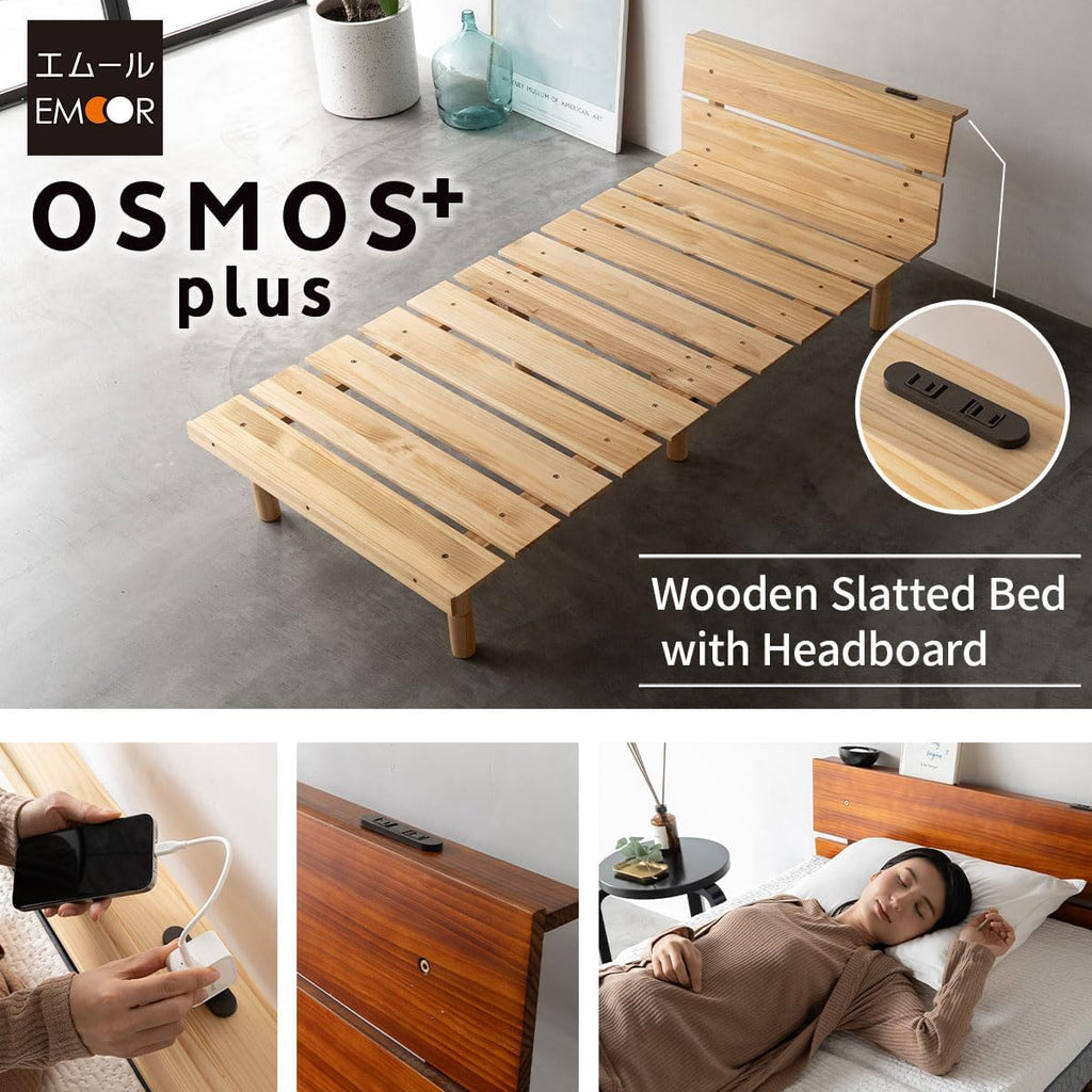 Wood Slatted Floor Bed Frame for Japanese Futon Mattress (Earth-Natural), Head Board Height