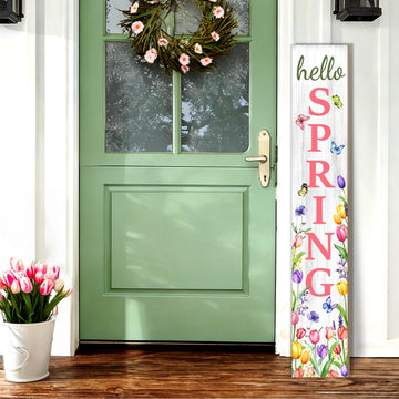 Hello Spring Porch Sign, Flower Butterfly Sign for Front Porch, Pink Tulip Wooden Sign Yard, Vertical Wood Sign