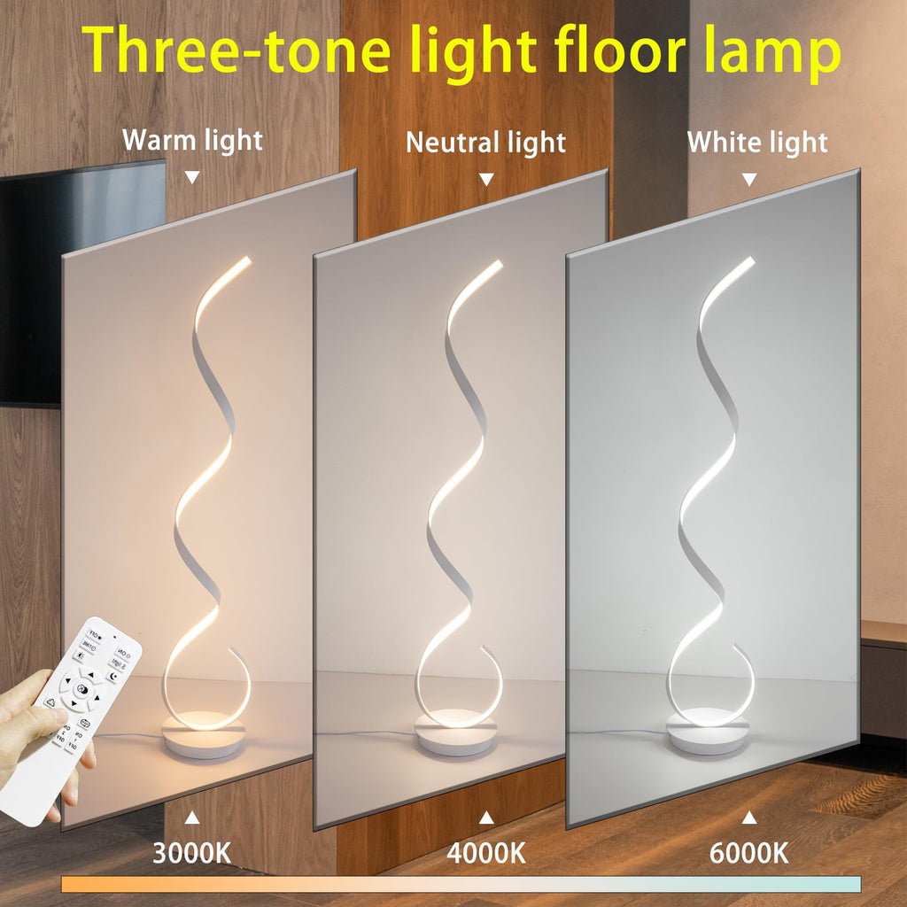 57inch Spiral LED Floor Lamp, 3 Light Color Remote Dimmable Torchiere Super Bright for Beside Living Rooms Offices