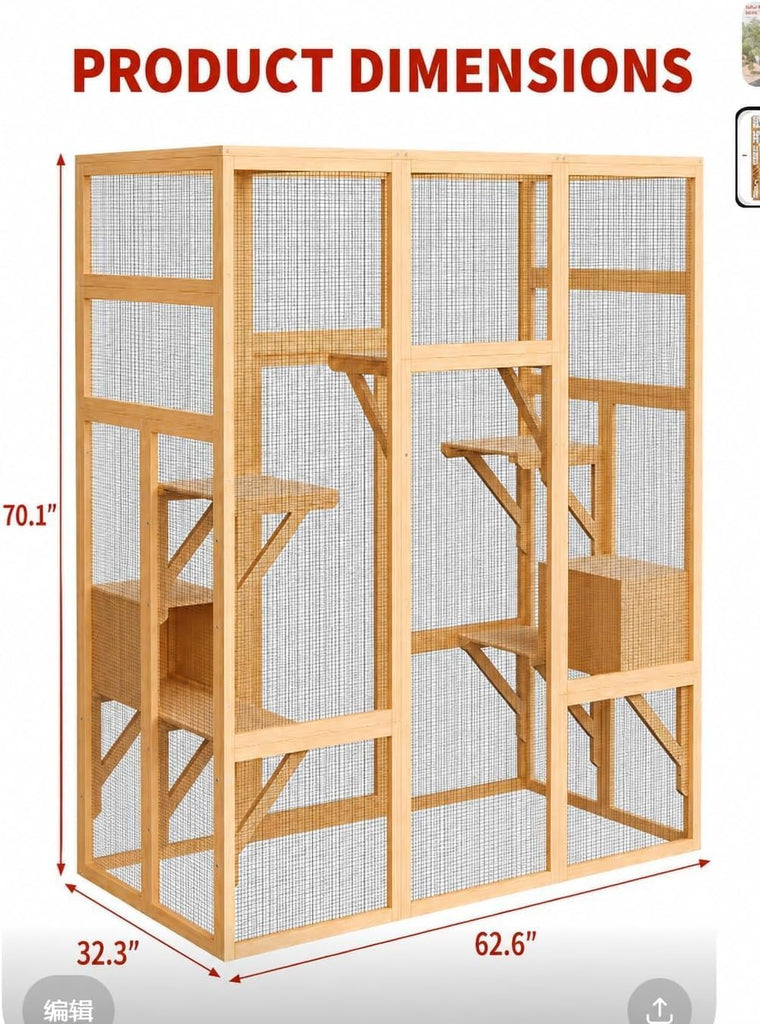 70" Walk-in Wooden Catio, Outdoor Cat Enclosure with Window Access, Natural