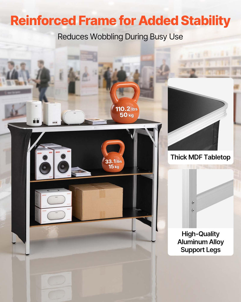 Folding Portable Bar Table, 43.3 x 15.2 x 34.8 in, with Carry Bag, 2 Storage Shelves, and Detachable Skirt, Quick and