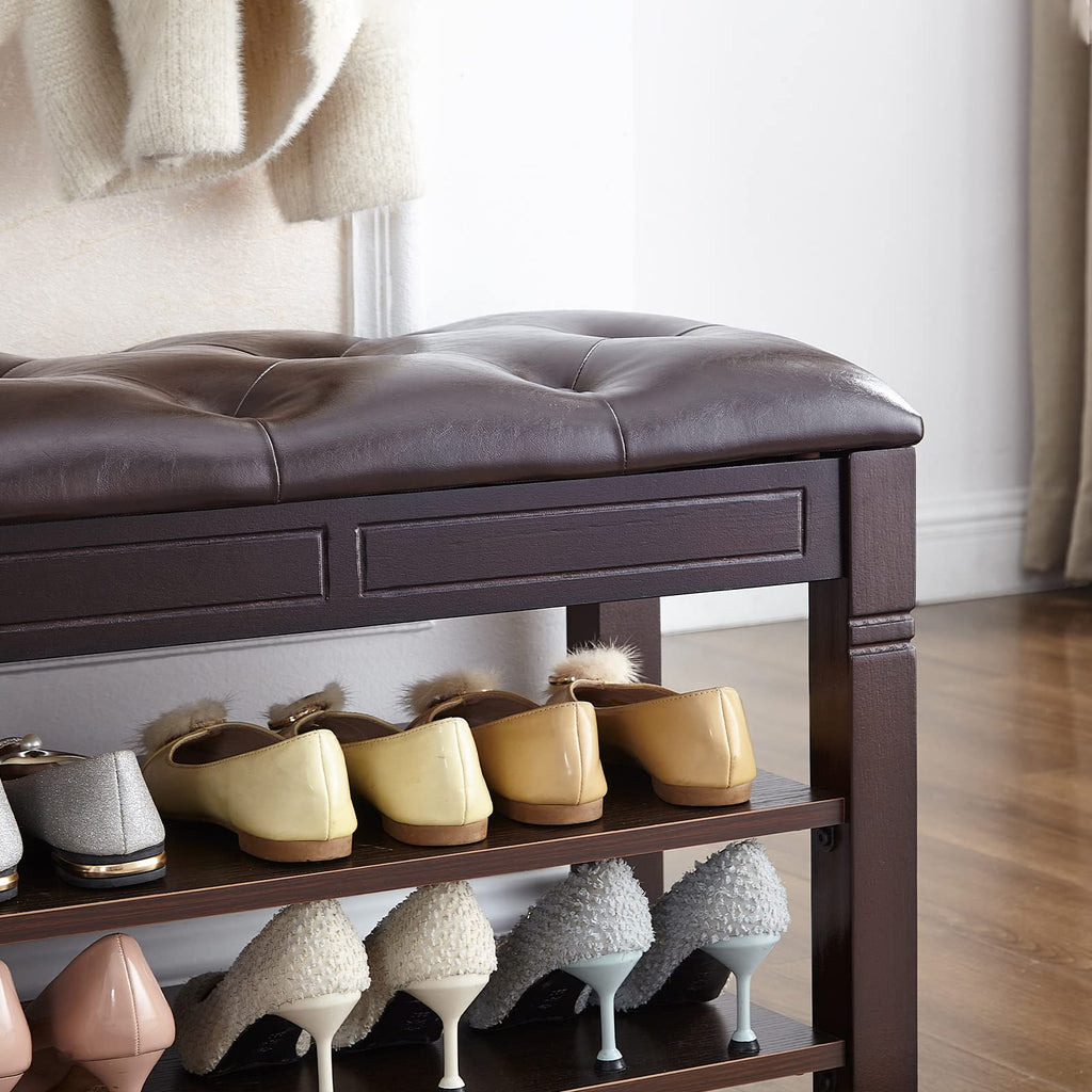 Shoe Storage Bench with Cushion, Entry Bench with Storage Solid Wood Shoe Bench Ideal Living Room and Corridor