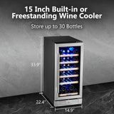 15 Inch Wine Cooler Refrigerator - 30 Bottle Under Counter Mini Fridge with Doub