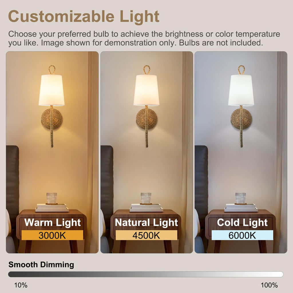 Boho Coastal Rattan Wall Sconce: Set of 2 Wicker Hardwired Bathroom Lights