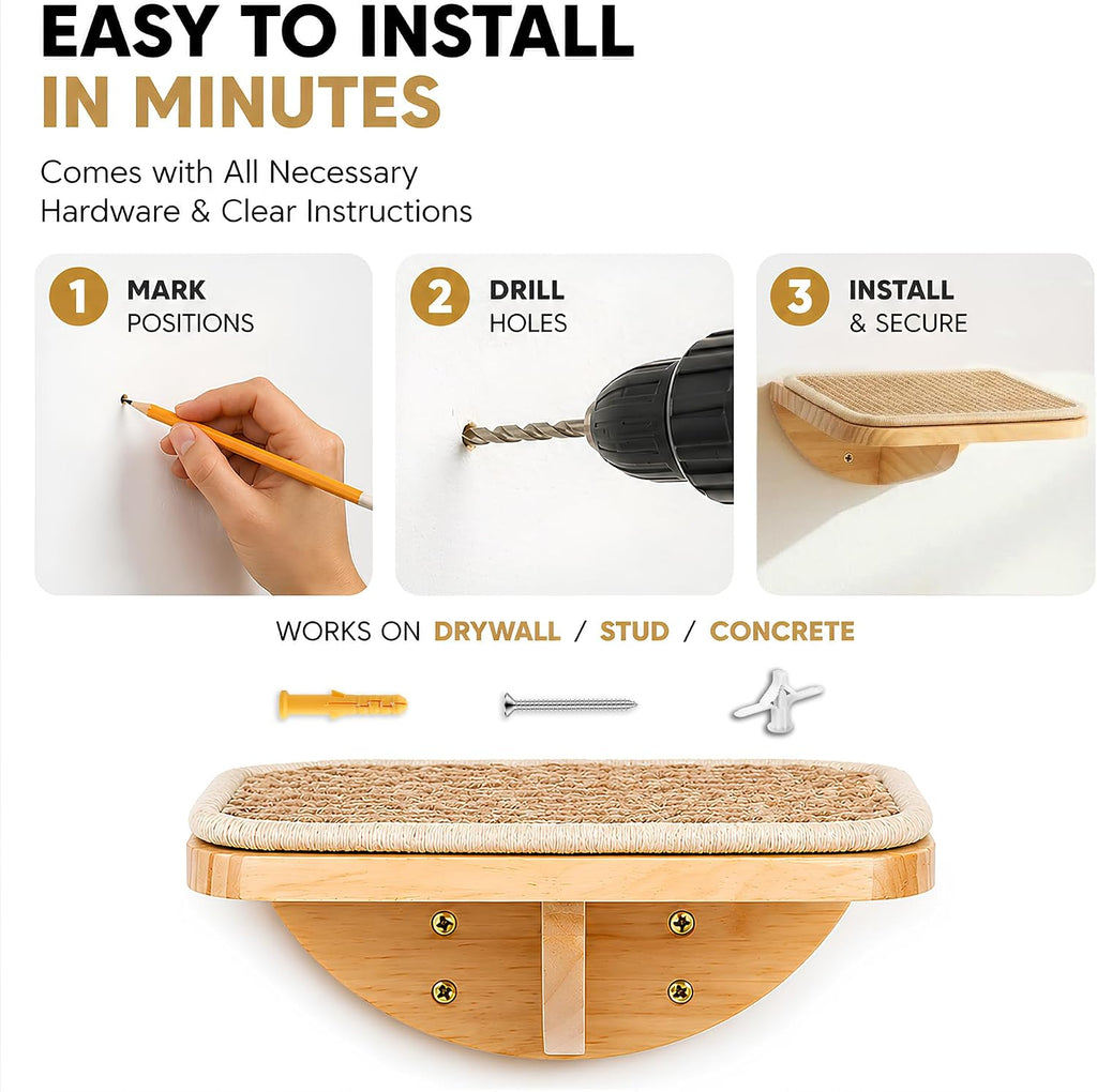 2 Set Wooden Cat Wall Shelves with Sisal Mat, Cat Wall Furniture Steps