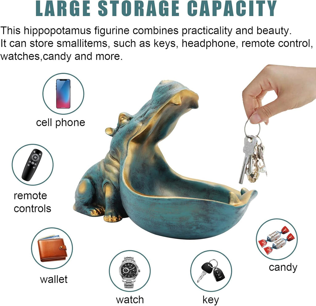 Hippo Statue,Large Hippopotamus Figurine Home Sculpture with Resin, Hippo Candy Jar, Candy Dish Bowl Desk, Key Bowl