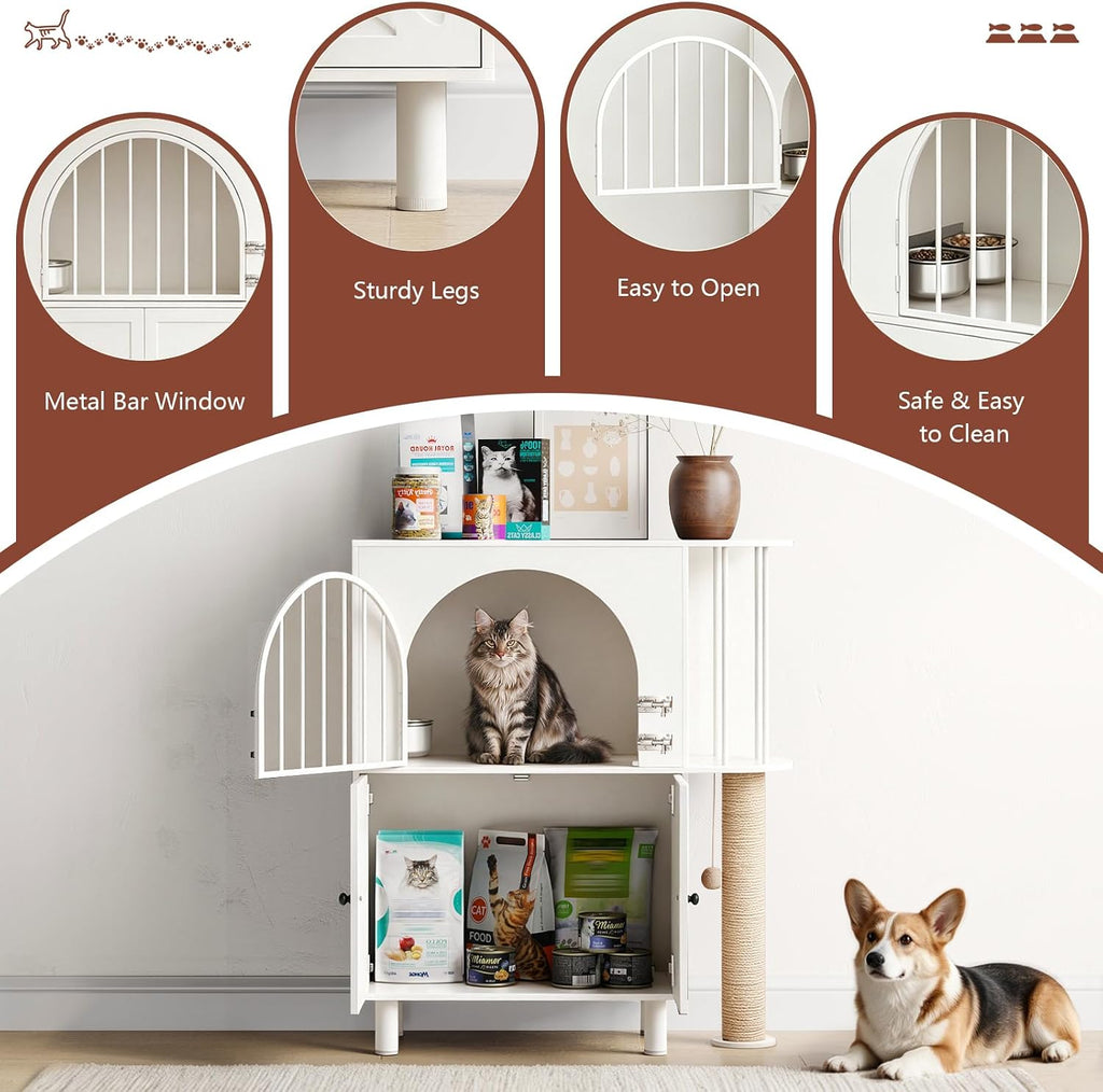 Dog Proof Cat Feeding Station with Scratching Post, Pet Food Storage, White