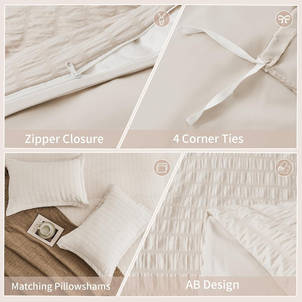 Beige Duvet Cover Queen, Super Soft Seersucker Queen Duvet Cover Set, 3-Piece Lightweight Duvet Cover with Zipper