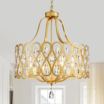 22" Gold Crystal Chandeliers 6 Lights Hanging Pendant Lighting Fixture Metal Farmhouse Chandelier Island Entryway