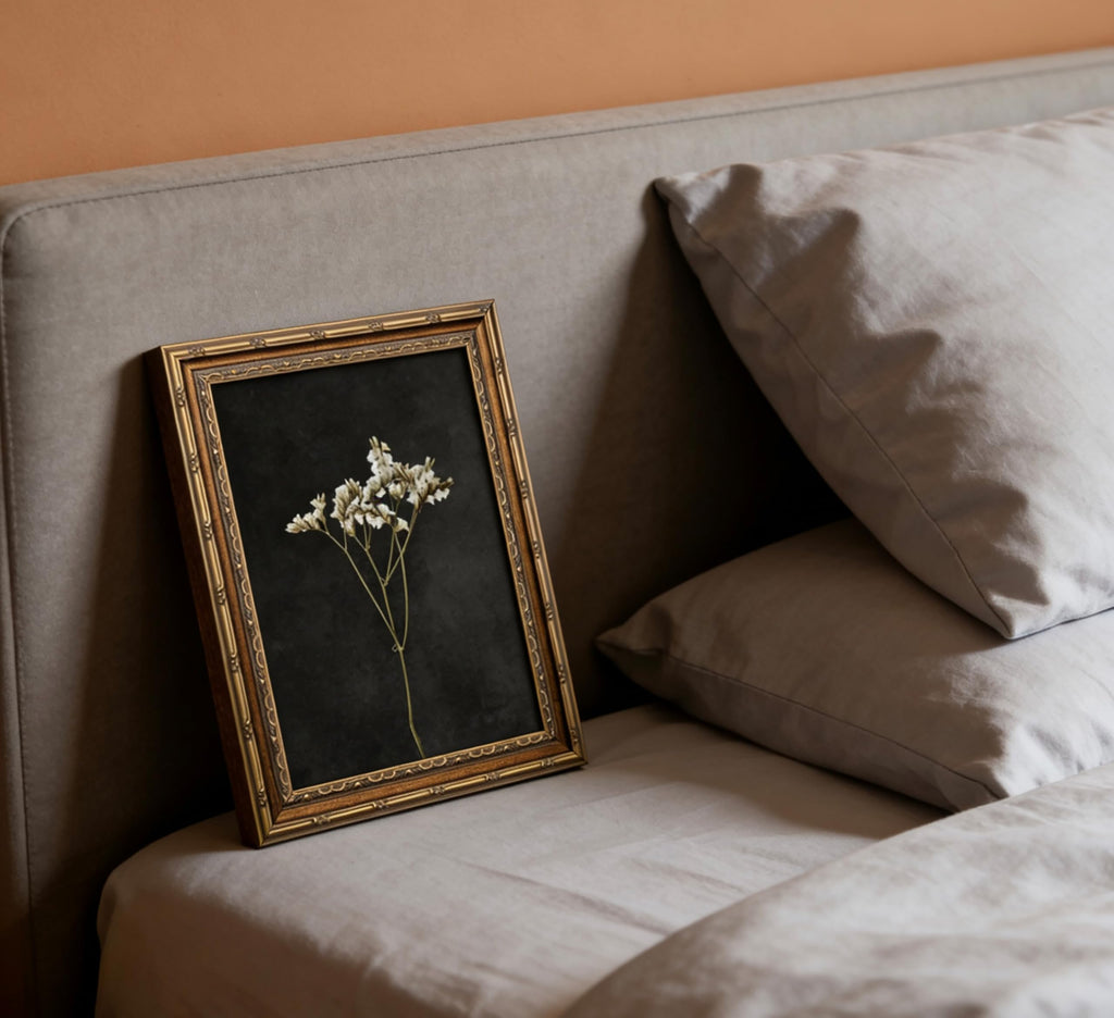 Vintage Gold Framed Wall Art, Minimalist White Dried Stem Flower Art, Dark Tone Botanical Print, Farmhouse, Ready to