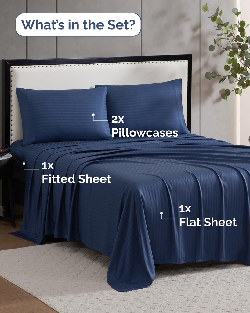 100% Rayon Derived from Bamboo - Bed Sheets Set Queen - Navy Blue Sateen
