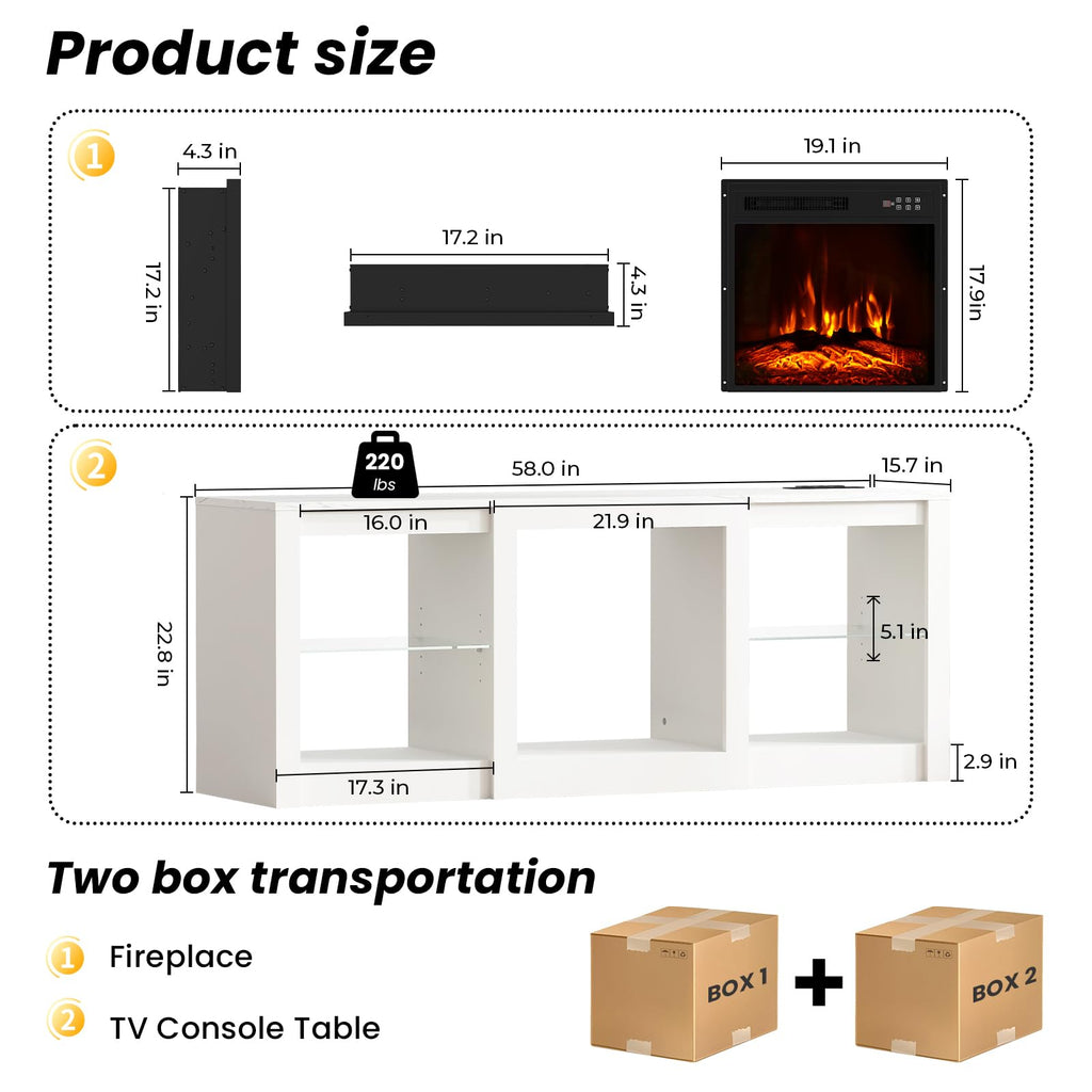 For 65" TV, TV Stand with 18" Electric Fireplace, Entertainment Center with Glass Shelves, LED Lights and Power
