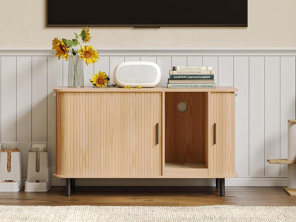 37.4" Cat Litter Box Enclosure with Cat Scratch Pad, Tambour Sliding Door, Modern Hidden Litter Box Enclosure
