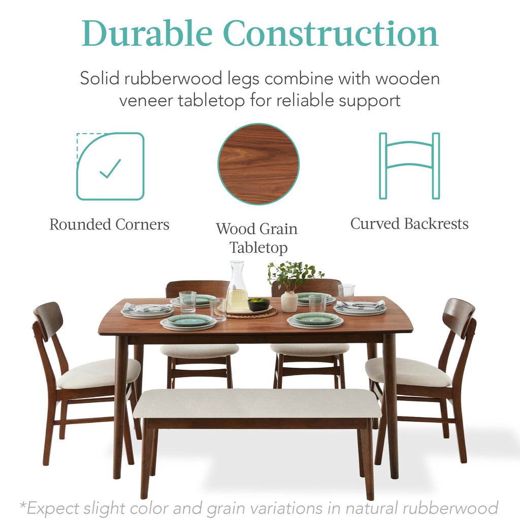 6-Piece Wooden Dining Set, Mid-Century Modern Table & Upholstered Chair Set w/Bench Seat, Rubberwood Legs