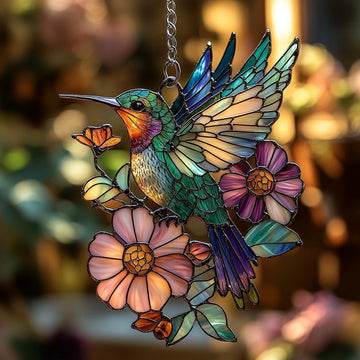 Hummingbird Flower Resin Suncatcher Size 6 Inches, Stained Glass Effect Hummingbird Ornaments Window Hanging Garden
