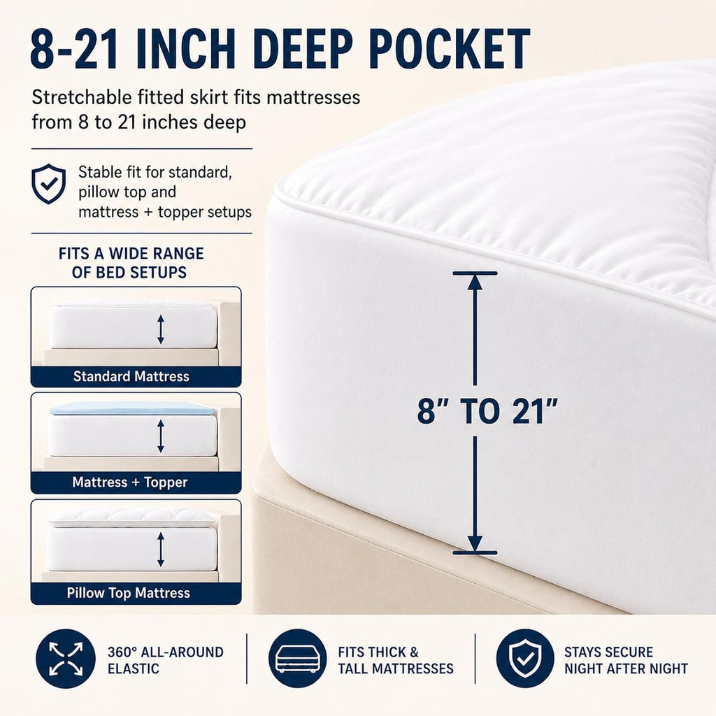 Queen Mattress Pad, 450 GSM Fill, Cotton Top, 8-21 Inch Pocket | OEKO-TEX Certified, White Queen 60 x 80 Inches